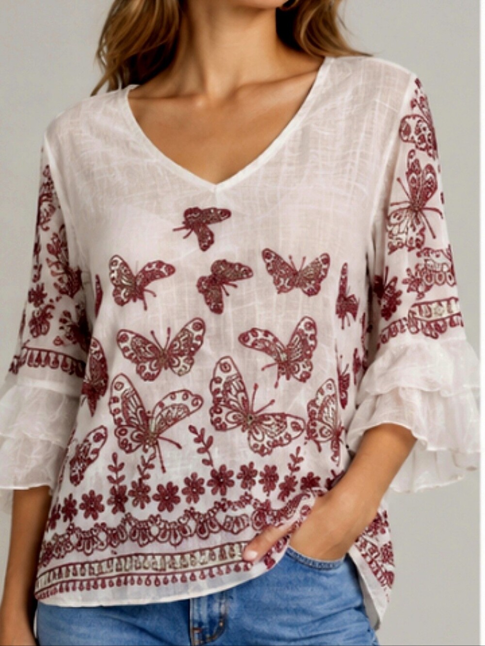 Ama & Rose Embroidered Butterfly Tunic in Pink & White